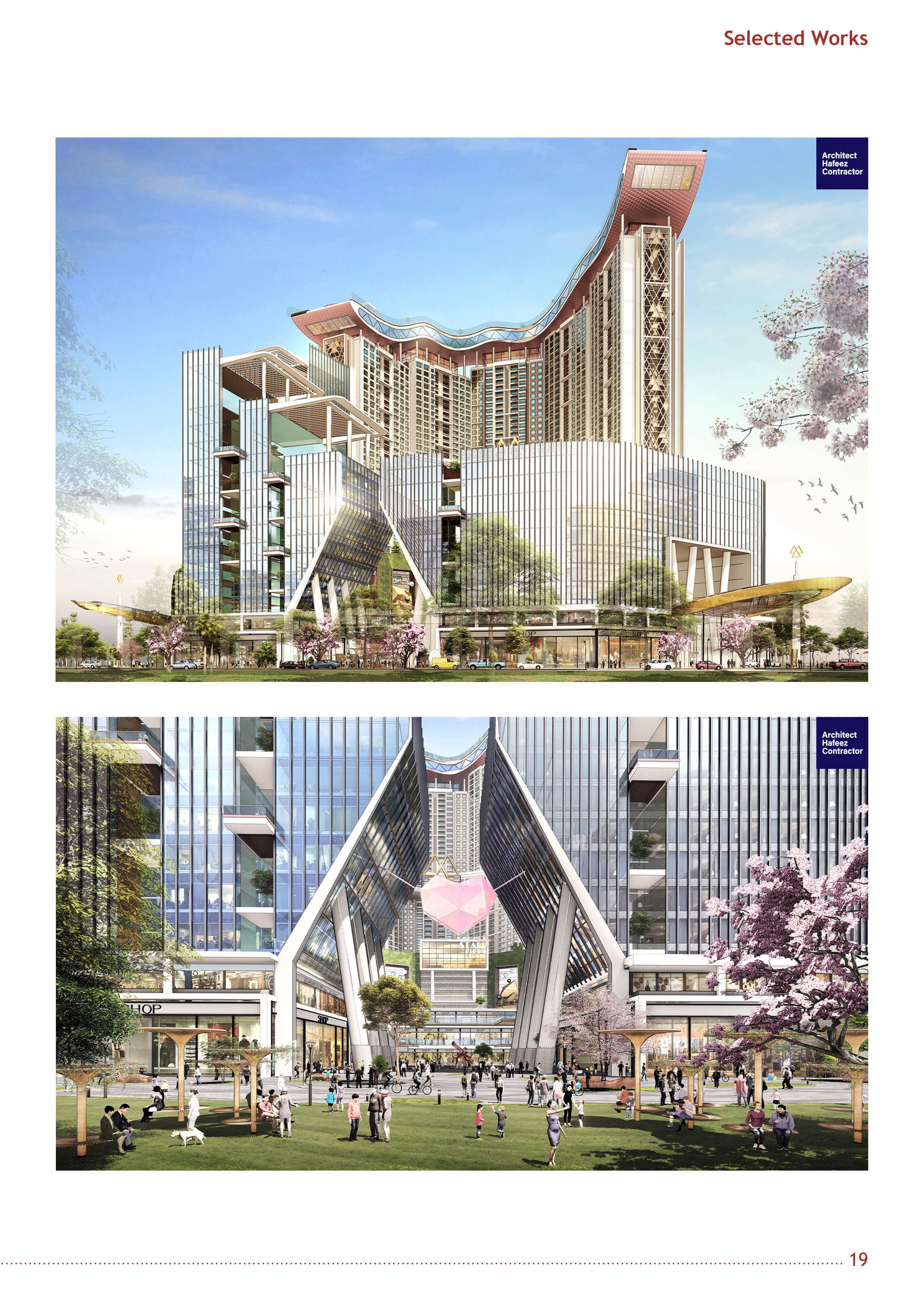 Eye-level street renders — entrance plaza, retail frontage, water features