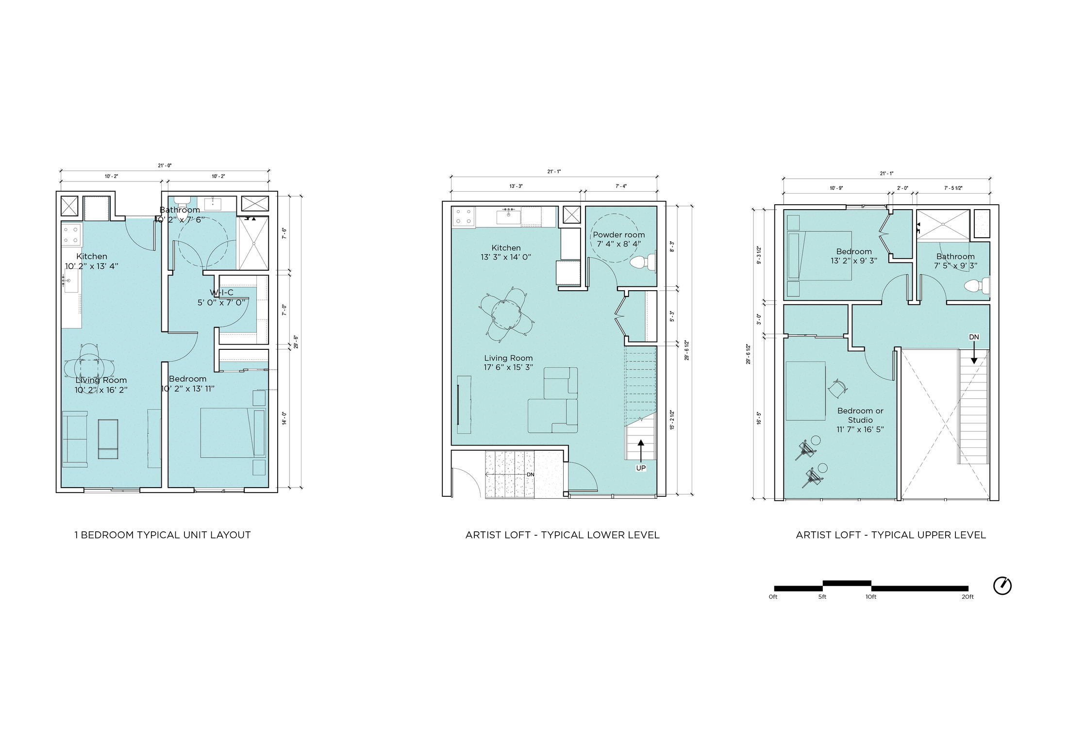 1-bedroom typical unit and artist loft floor plans