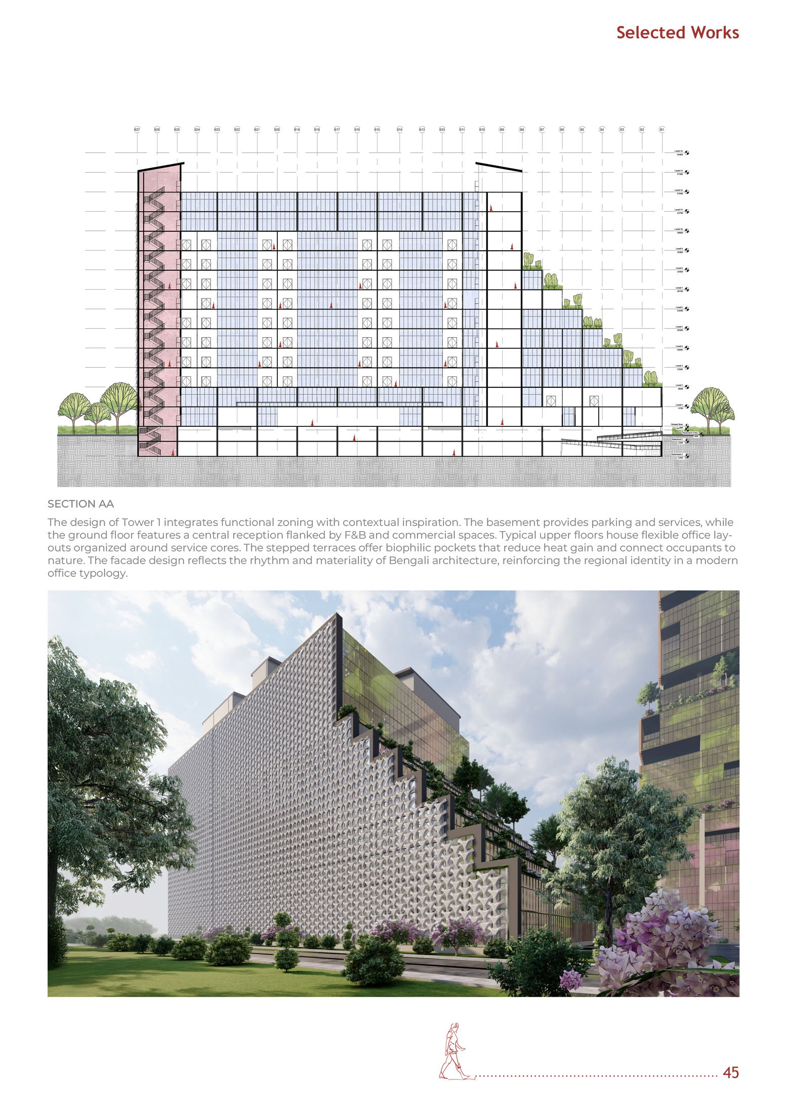 Tower 1 section and parametric jaali facade perspective